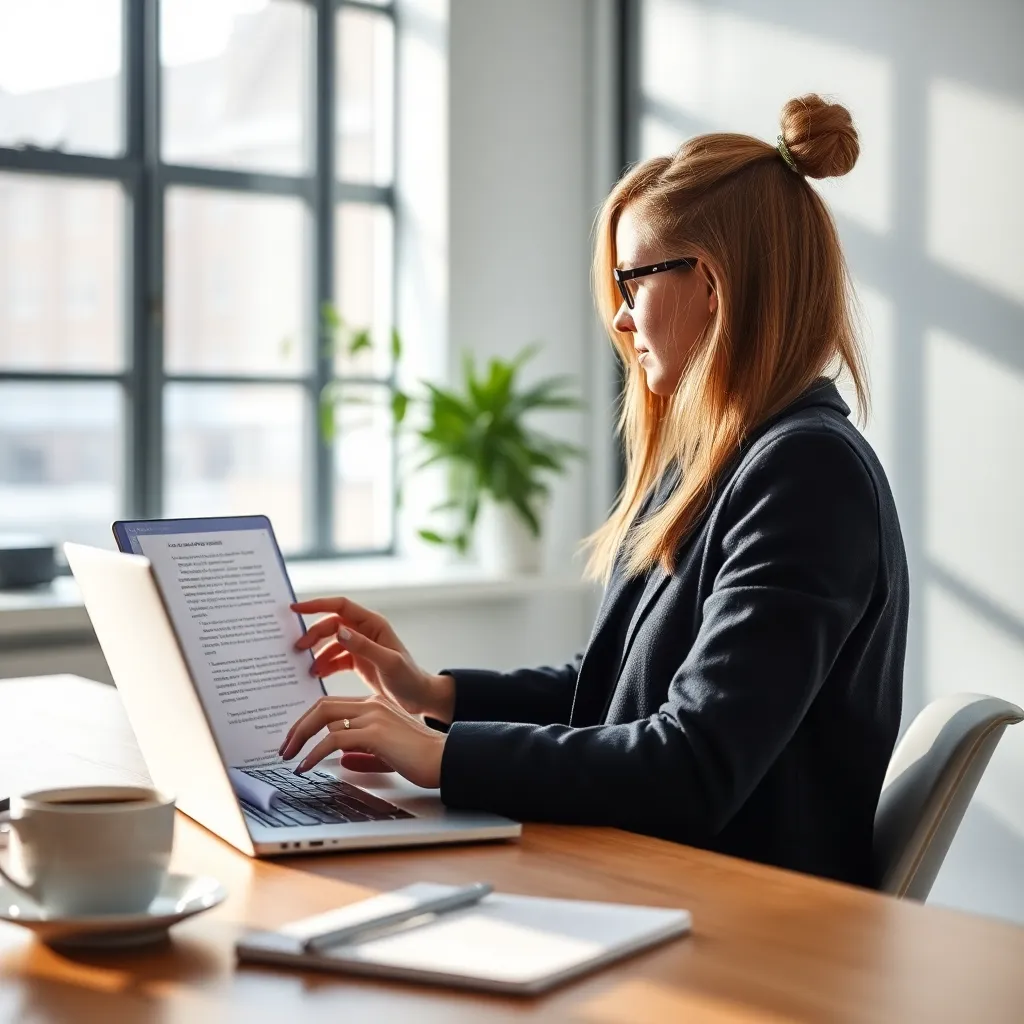 Professionele copywriter werkt aan SEO-teksten op laptop