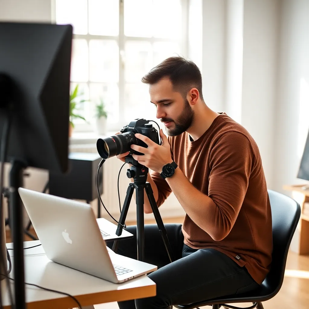 Nederlandse content creator aan het werk met camera en laptop