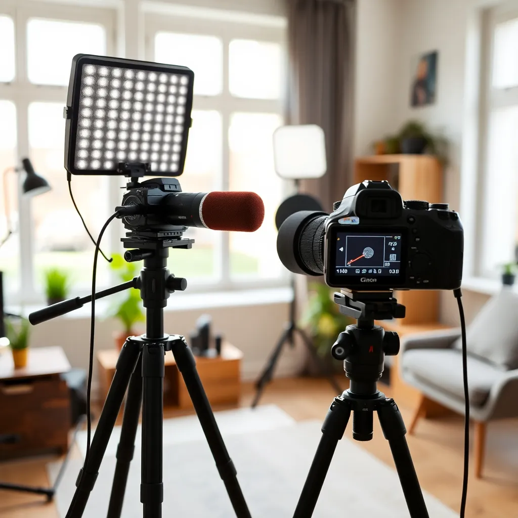 Professionele video setup met camera, microfoon en verlichting