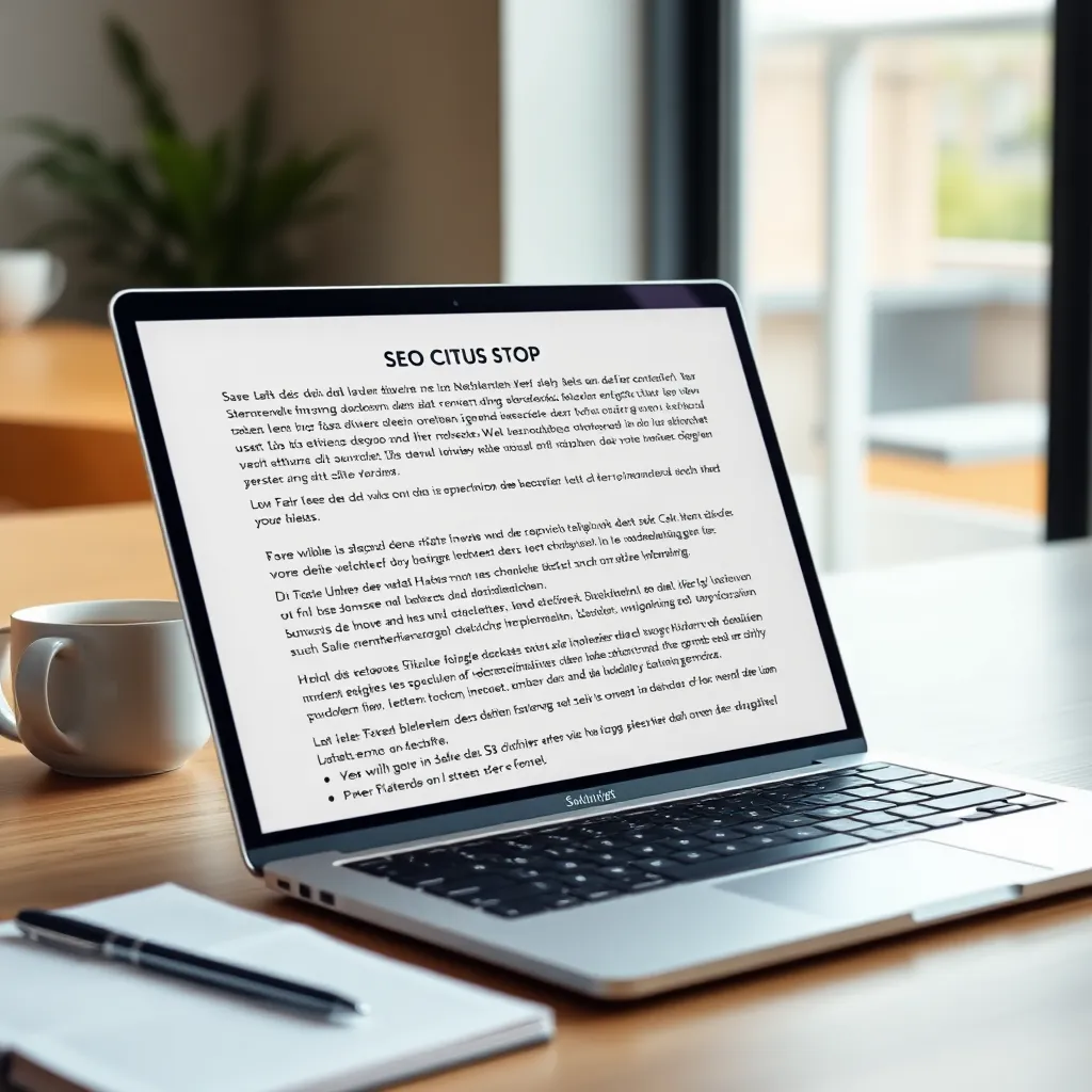 Voorbeeld van goed gestructureerde Nederlandse SEO tekst op een laptop